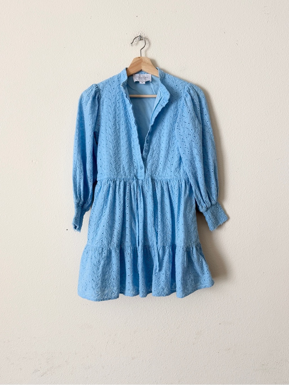 The Shirt by Rochelle Behrens XS blue eyelet long sleeve mini tiered dress